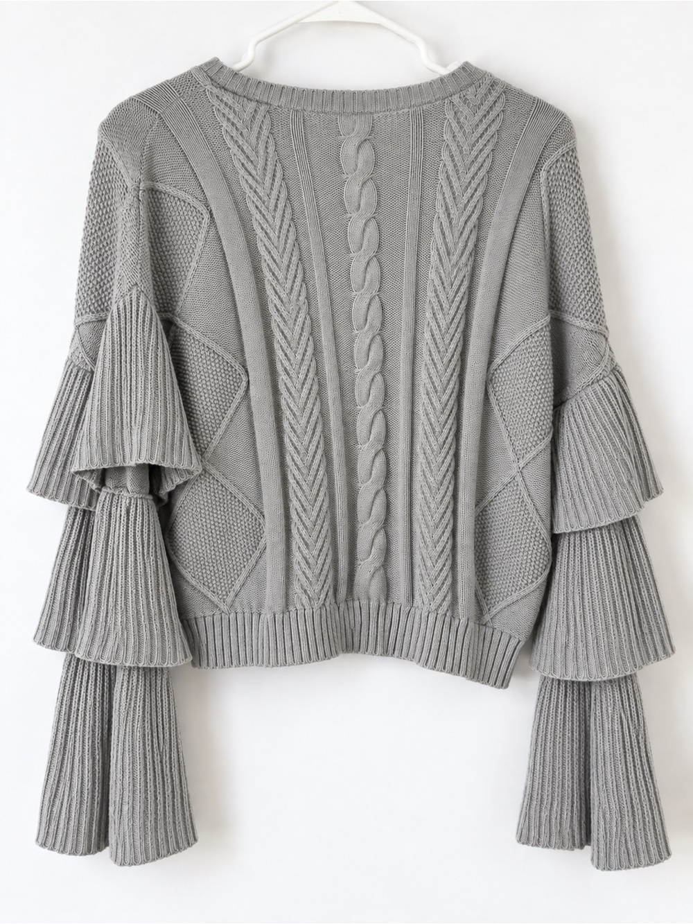 Gray Cable-Knit Ruffle-Sleeve Sweater - Picture 2 of 5